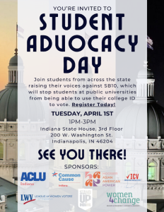 event invite for Student Advocacy Day asking students to raise their voices against SB10, which will stop students at public universities from being able to use their college ID to vote.